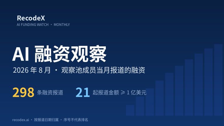 AI 融资观察 · 2026 年 8 月：观察库 298 家成员公司当月取得融资报道，21 起报道金额不低于 1 亿美元