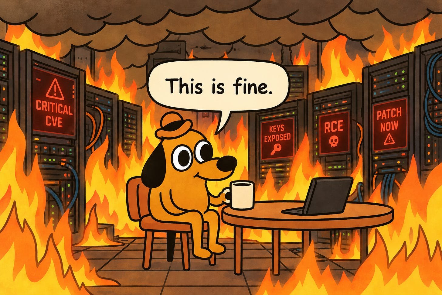 配图：经典“This is fine”梗图——小狗坐在着火的房间里喝咖啡，背景屏幕写着“Critical CVE”“Patch Now”等字样