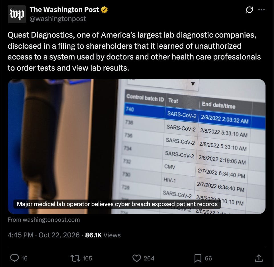 截图：《华盛顿邮报》报道美国最大检测机构之一 Quest Diagnostics 披露未经授权访问医生系统、导致患者信息外泄，配图为检测结果系统界面