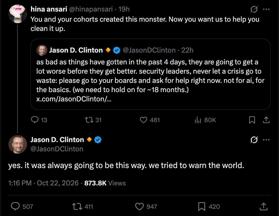 截图：网友回复 Clinton“你们造出了这个怪物，现在要我们来收拾”，Clinton 回应“是的，事情总会走到这一步，我们试图警告过世界”