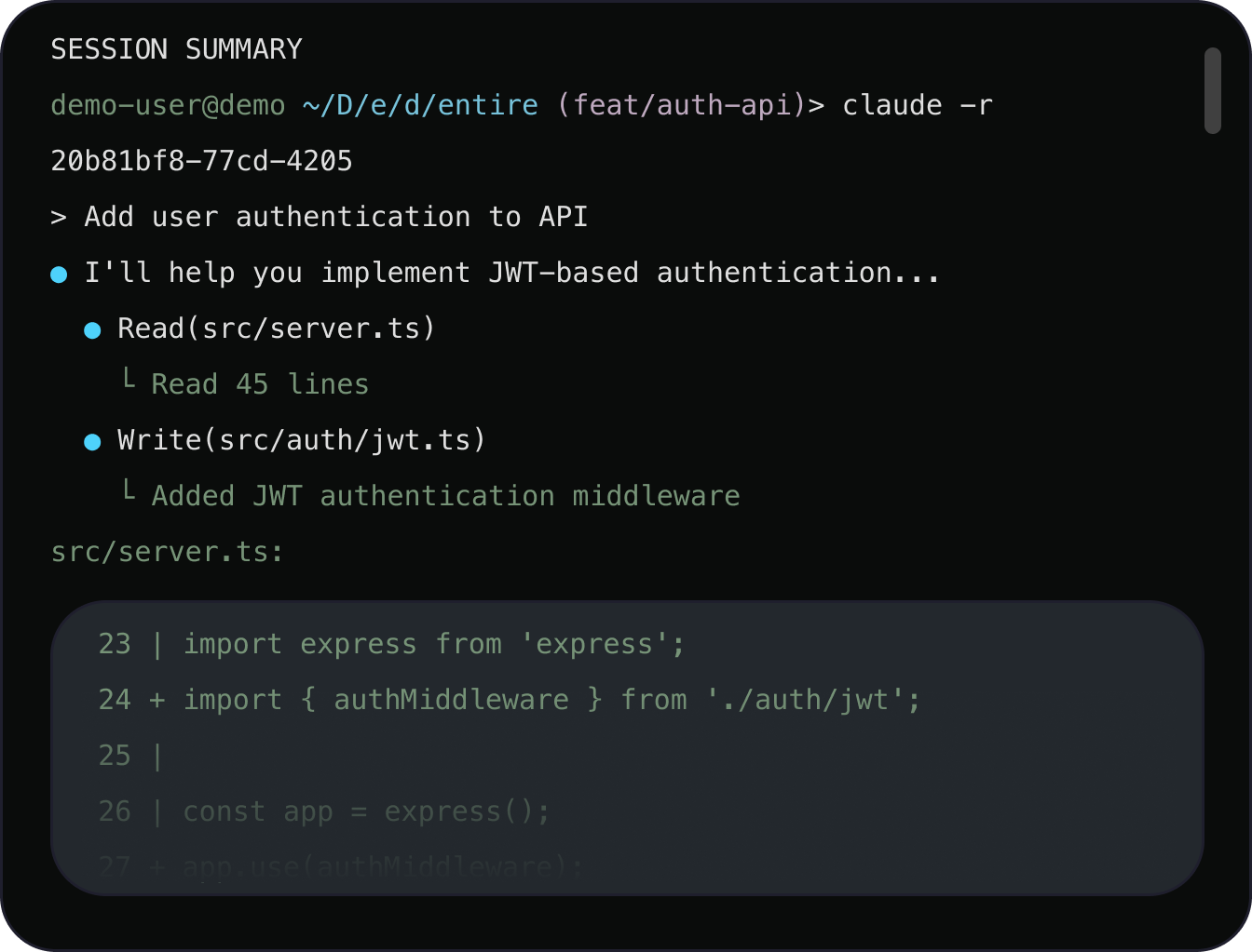 Sample session summary for a single commit, showing the developer’s original prompt, the agent’s tool calls and reasoning, and the resulting code changes.